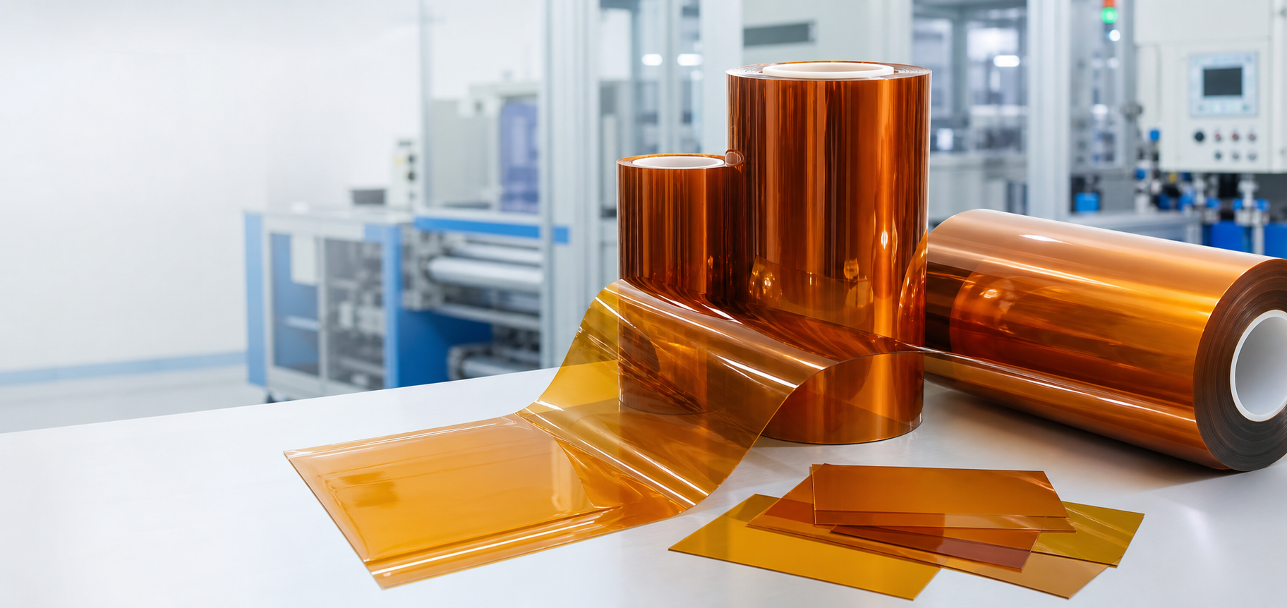 Amber polyimide film rolls in a clean factory setting