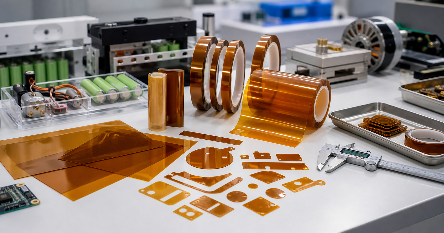 Amber PI film sheets, slit rolls, and die-cut insulation samples
