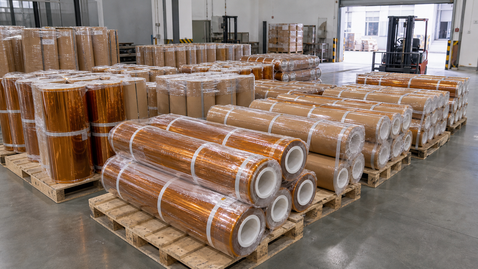 Finished amber PI film rolls prepared for shipment in a factory dispatch area